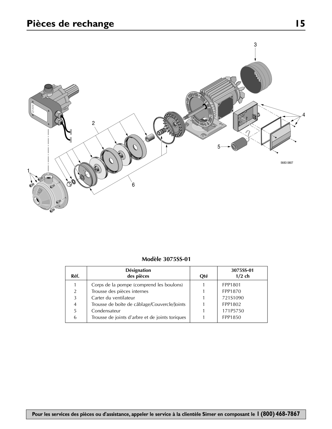 Simer Pumps owner manual Pièces de rechange, Modèle 3075SS-01 