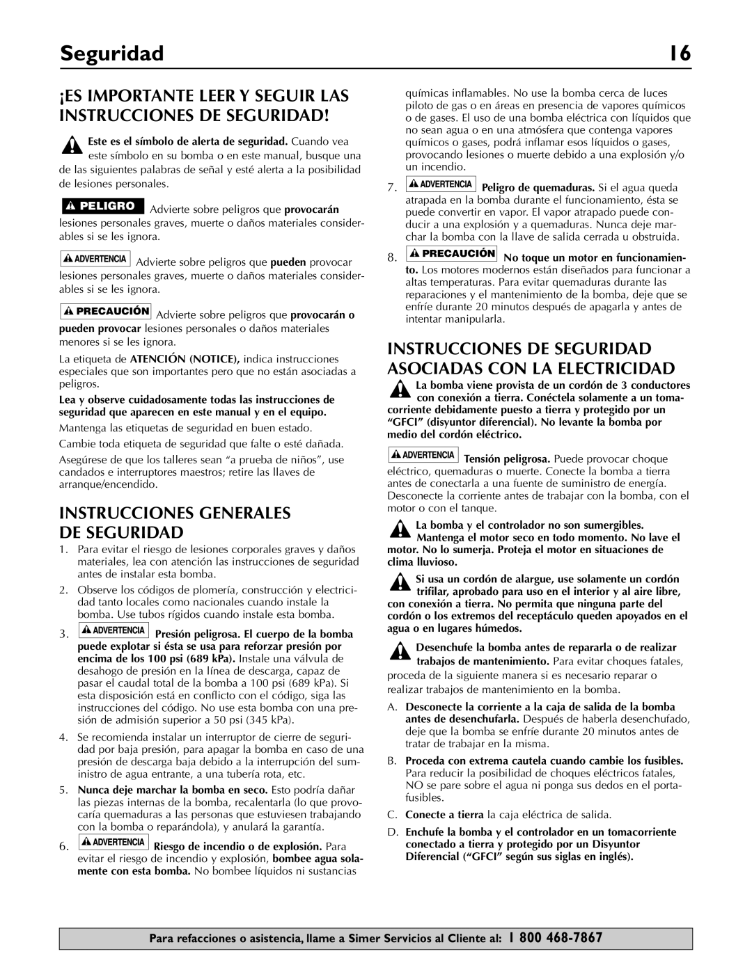 Simer Pumps 3075SS-01 owner manual Instrucciones Generales De Seguridad 