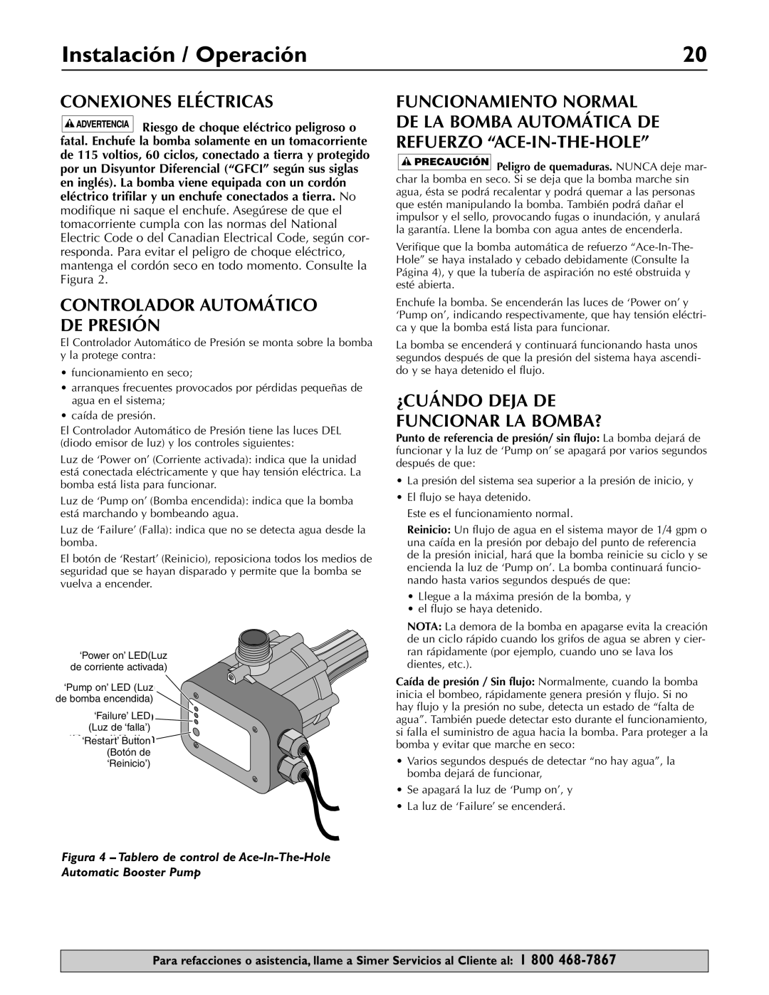 Simer Pumps 3075SS-01 owner manual Instalación / Operación, Conexiones Eléctricas, Controlador Automático De Presión 