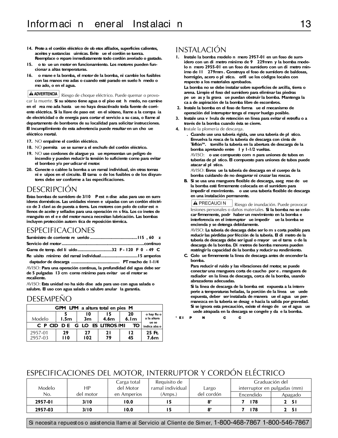 Simer Pumps A5500, 3075SS, 2955-01, 2957-01, 2330 owner manual Información General / Instalación 