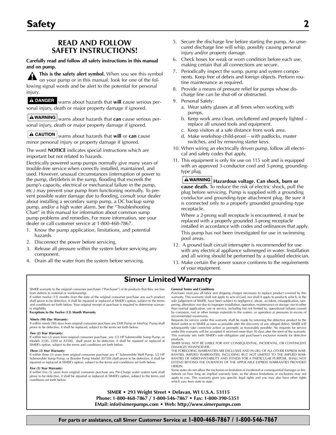 Simer Pumps 2955-01, 3075SS, A5500, 2957-01, 2330 owner manual Read and Follow Safety Instructions 