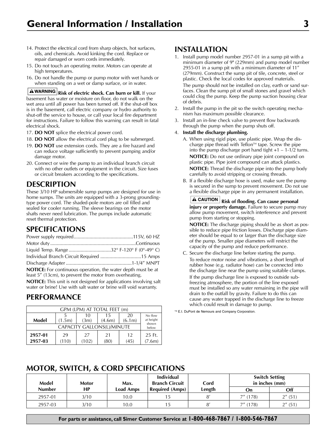 Simer Pumps 2957-01, 3075SS, A5500, 2955-01, 2330 owner manual General Information / Installation 