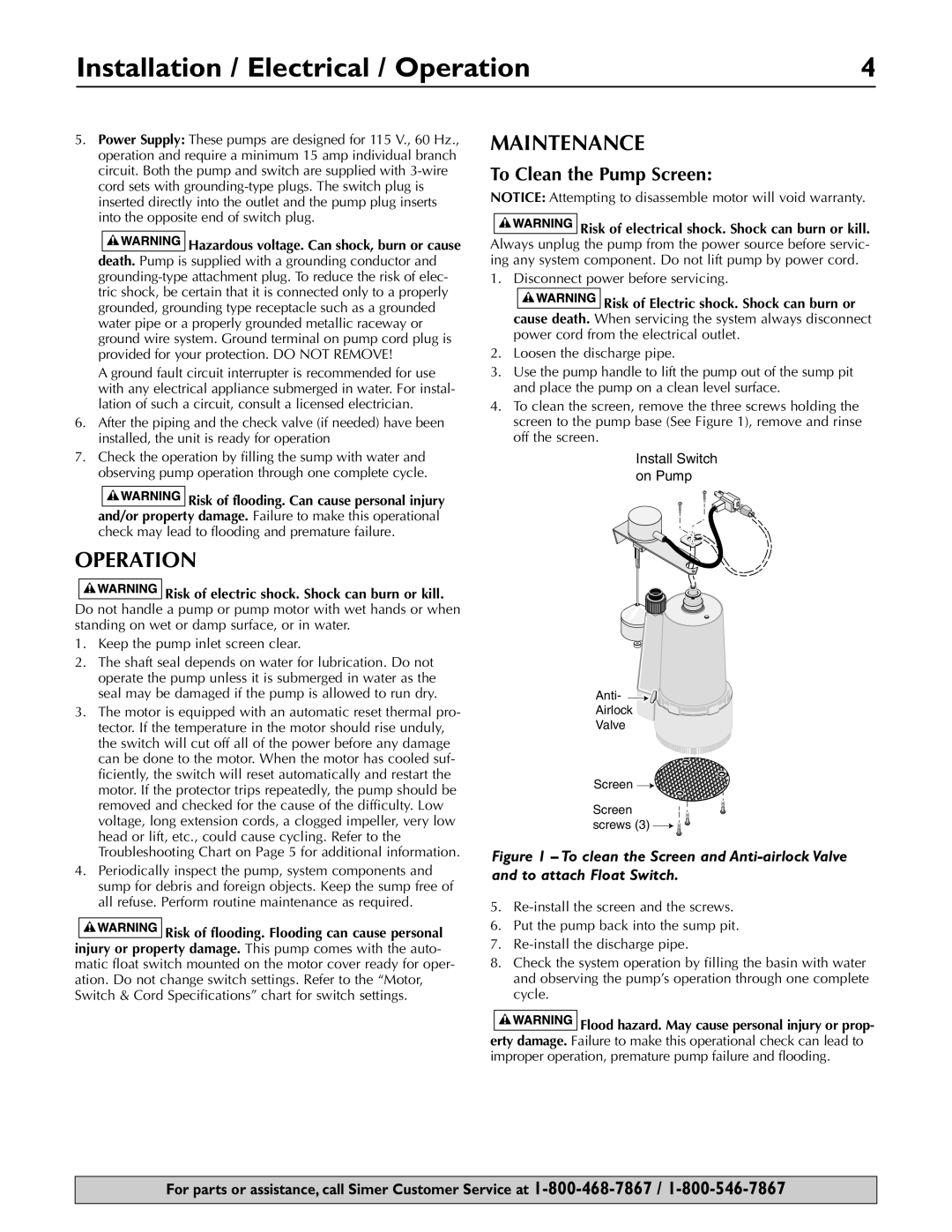 Simer Pumps 3075SS, A5500, 2955-01, 2957-01, 2330 owner manual Installation / Electrical / Operation, Maintenance 