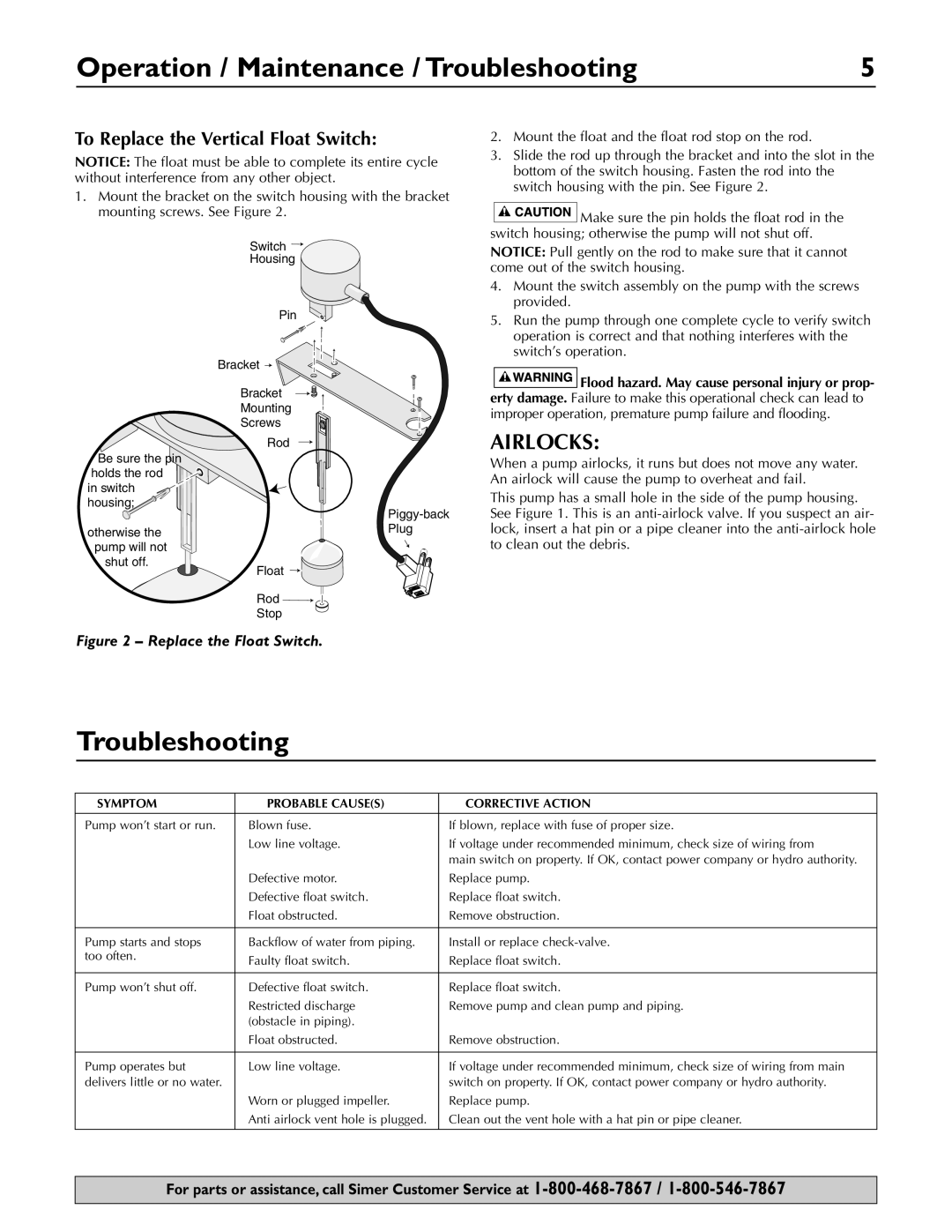 Simer Pumps 2330, 3075SS, A5500, 2955-01, 2957-01 owner manual Operation / Maintenance / Troubleshooting, Airlocks 