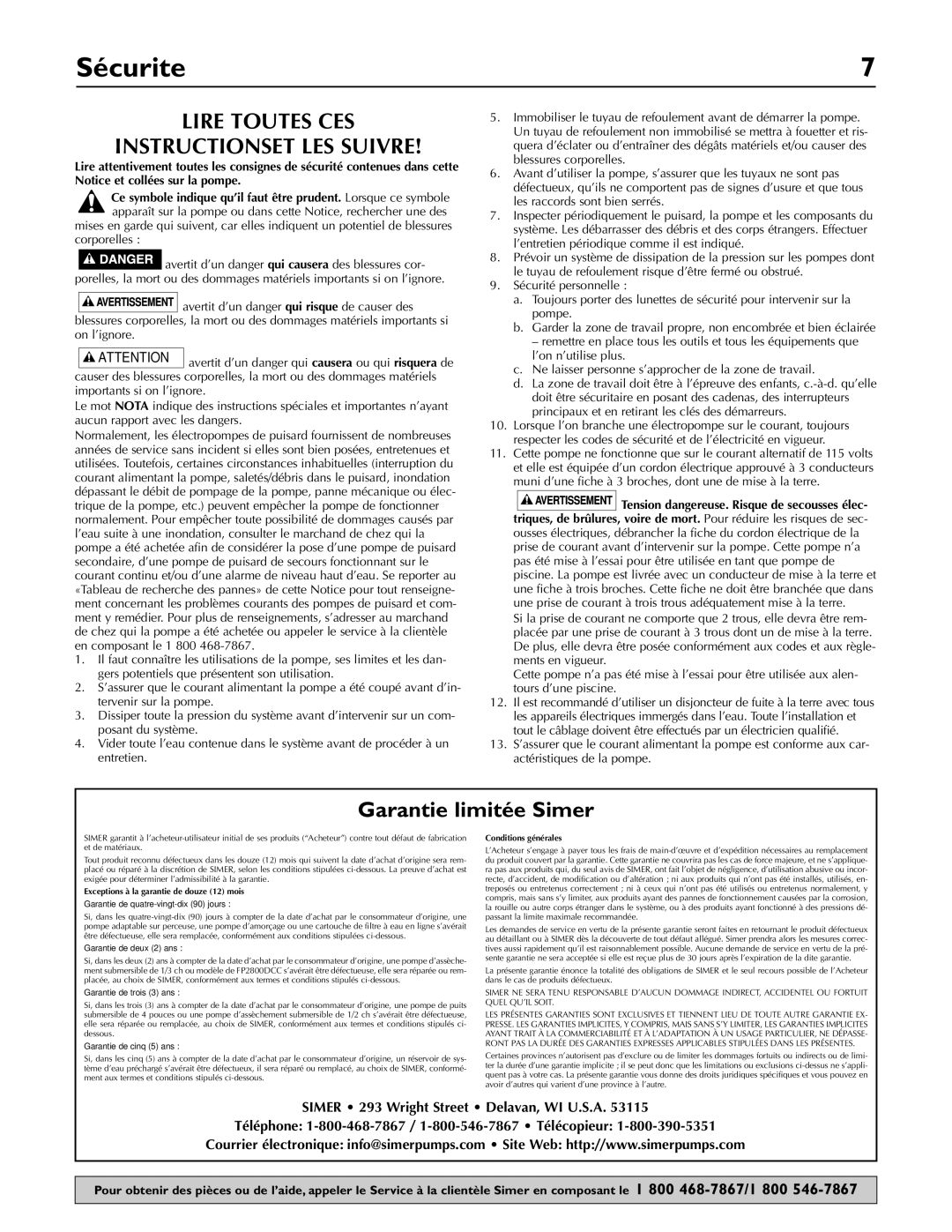 Simer Pumps A5500, 3075SS, 2955-01, 2957-01, 2330 owner manual Sécurite, Lire Toutes CES Instructionset LES Suivre 