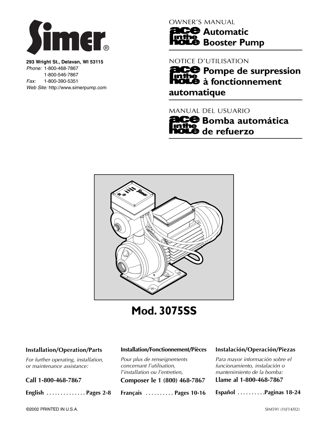 Simer Pumps 3075SS owner manual Automatic Booster Pump, Automatique, Bomba automática de refuerzo, Pages 2-8 Français 