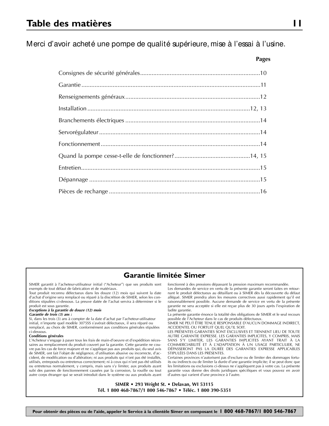 Simer Pumps 3075SS owner manual Table des matières, Pages 