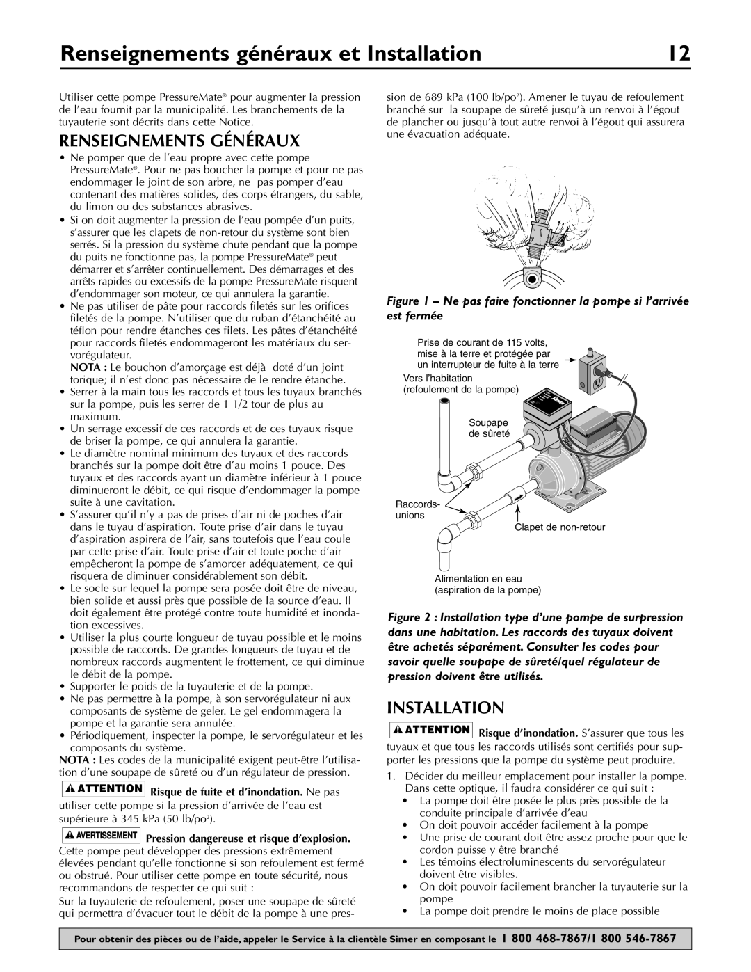 Simer Pumps 3075SS owner manual Renseignements généraux et Installation, Renseignements Généraux 