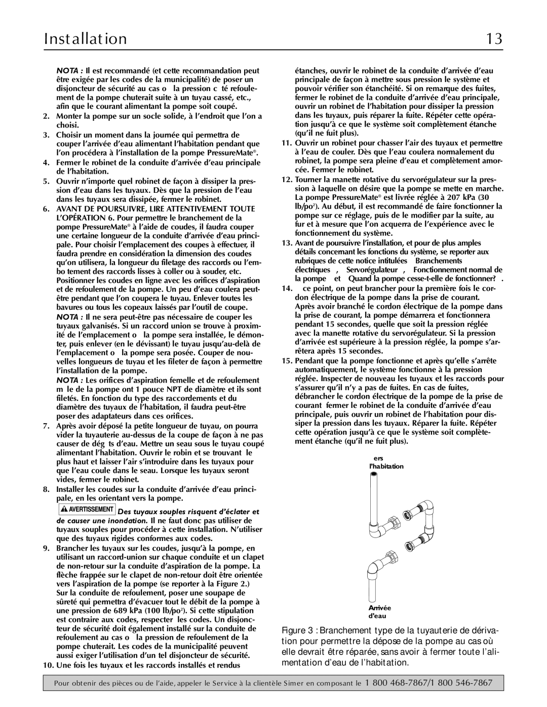 Simer Pumps 3075SS owner manual Vers Househl’habitatioldn WaterArrivée Supply ’eau 