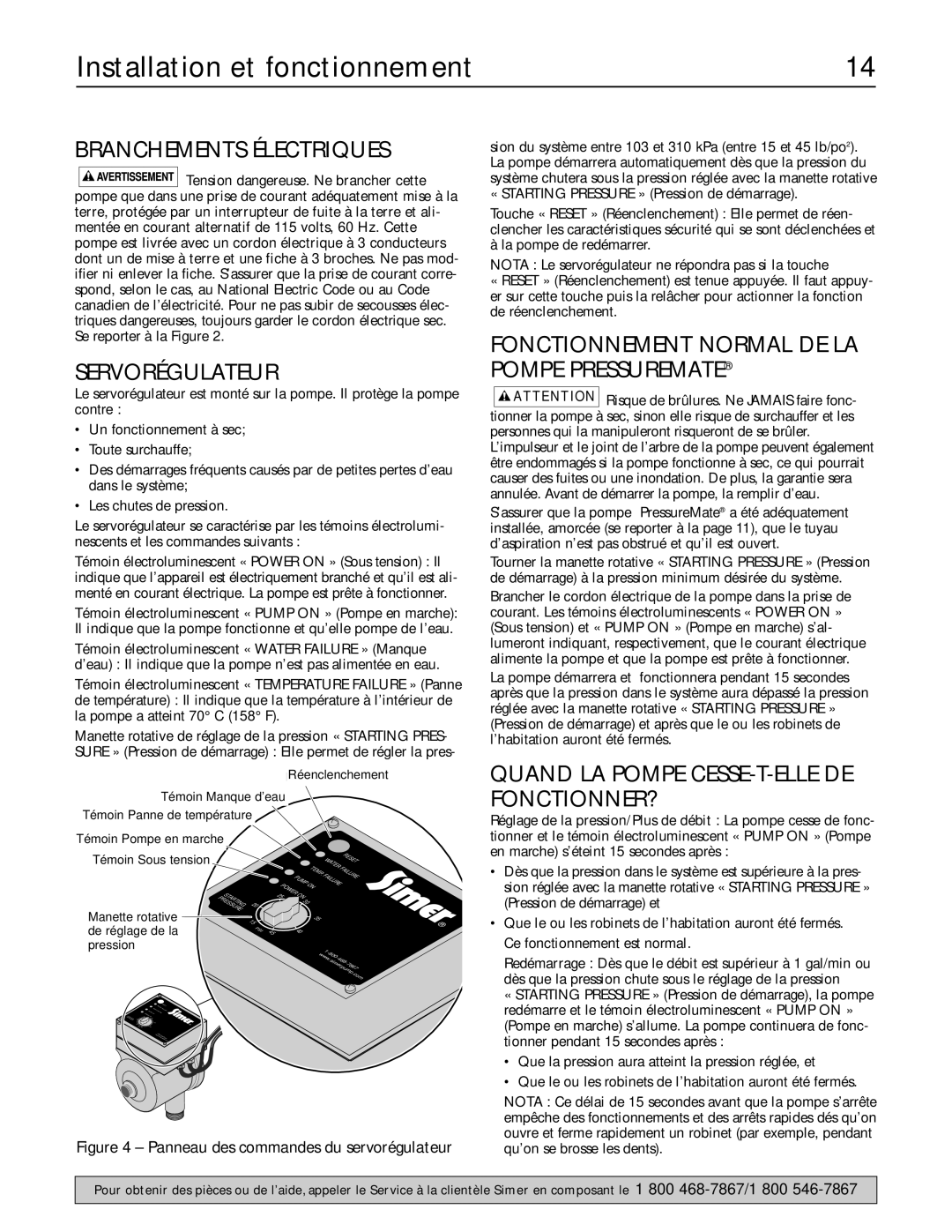 Simer Pumps 3075SS owner manual Installation et fonctionnement, Branchements Électriques, Servorégulateur 