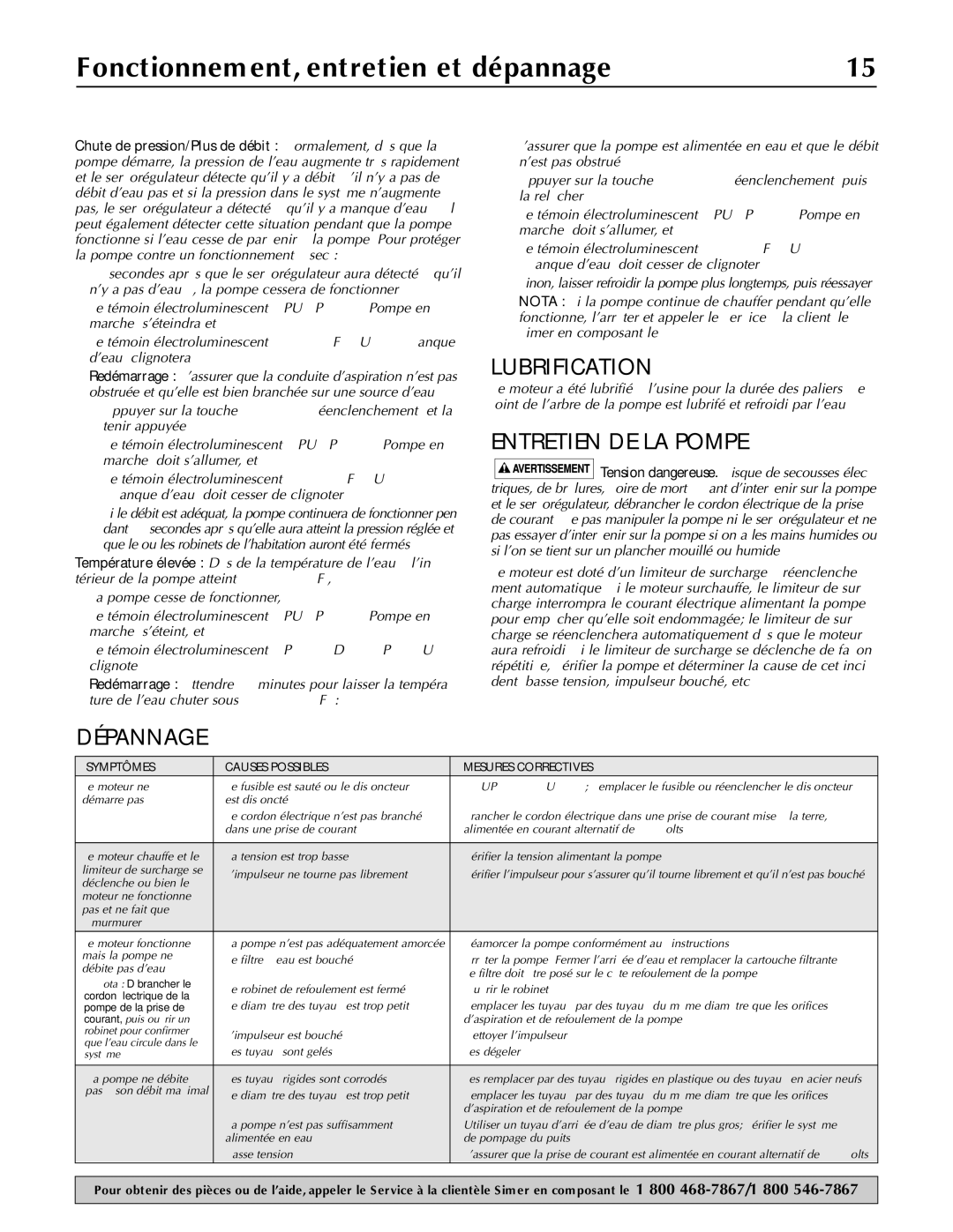 Simer Pumps 3075SS owner manual Fonctionnement, entretien et dépannage, Lubrification, Entretien DE LA Pompe, Dépannage 