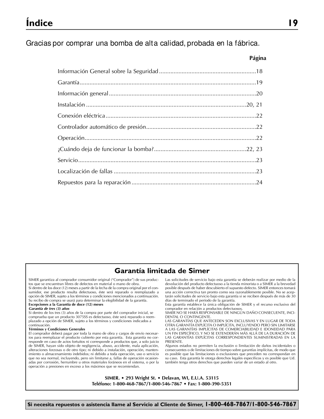 Simer Pumps 3075SS owner manual Índice, Página 