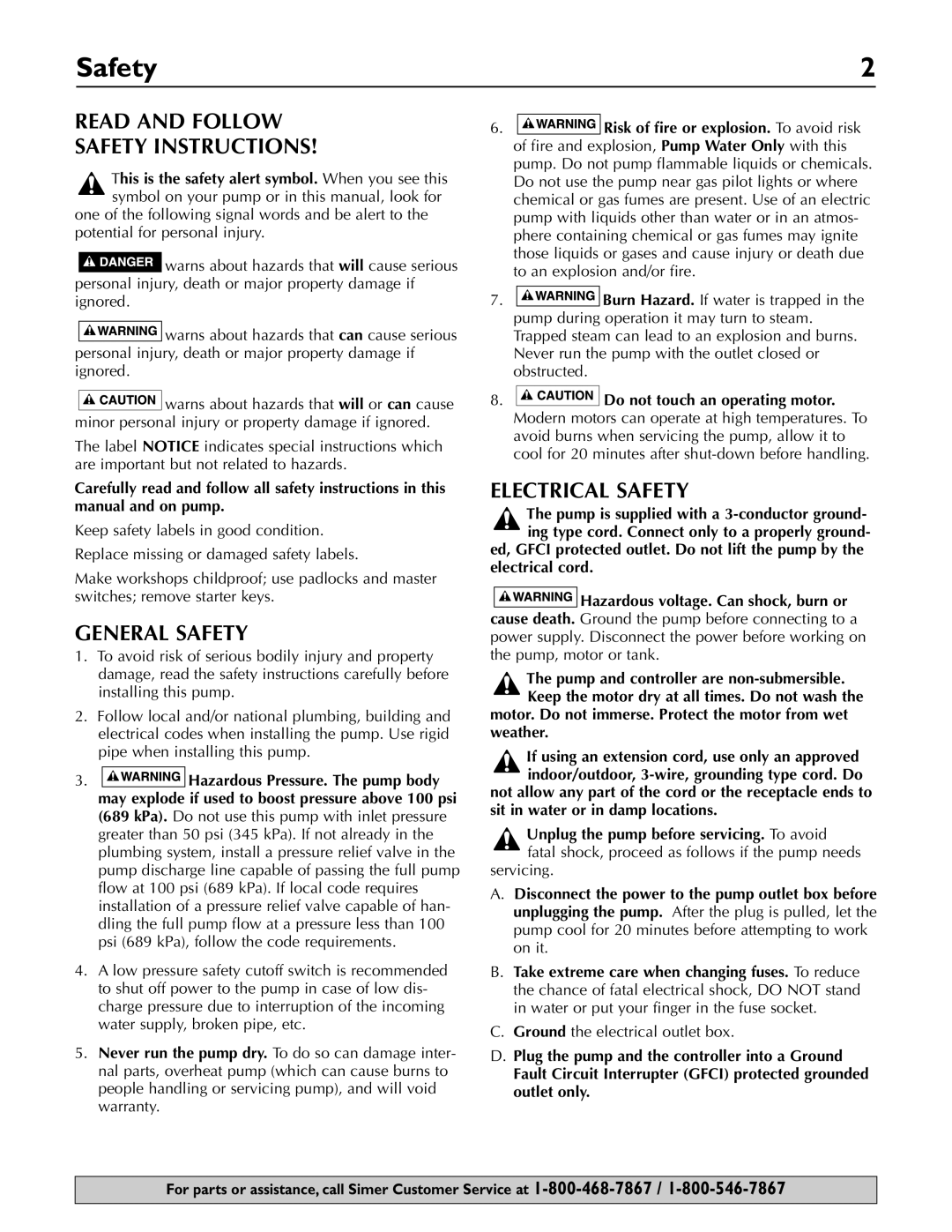 Simer Pumps 3075SS owner manual Read and Follow Safety Instructions, General Safety, Electrical Safety 