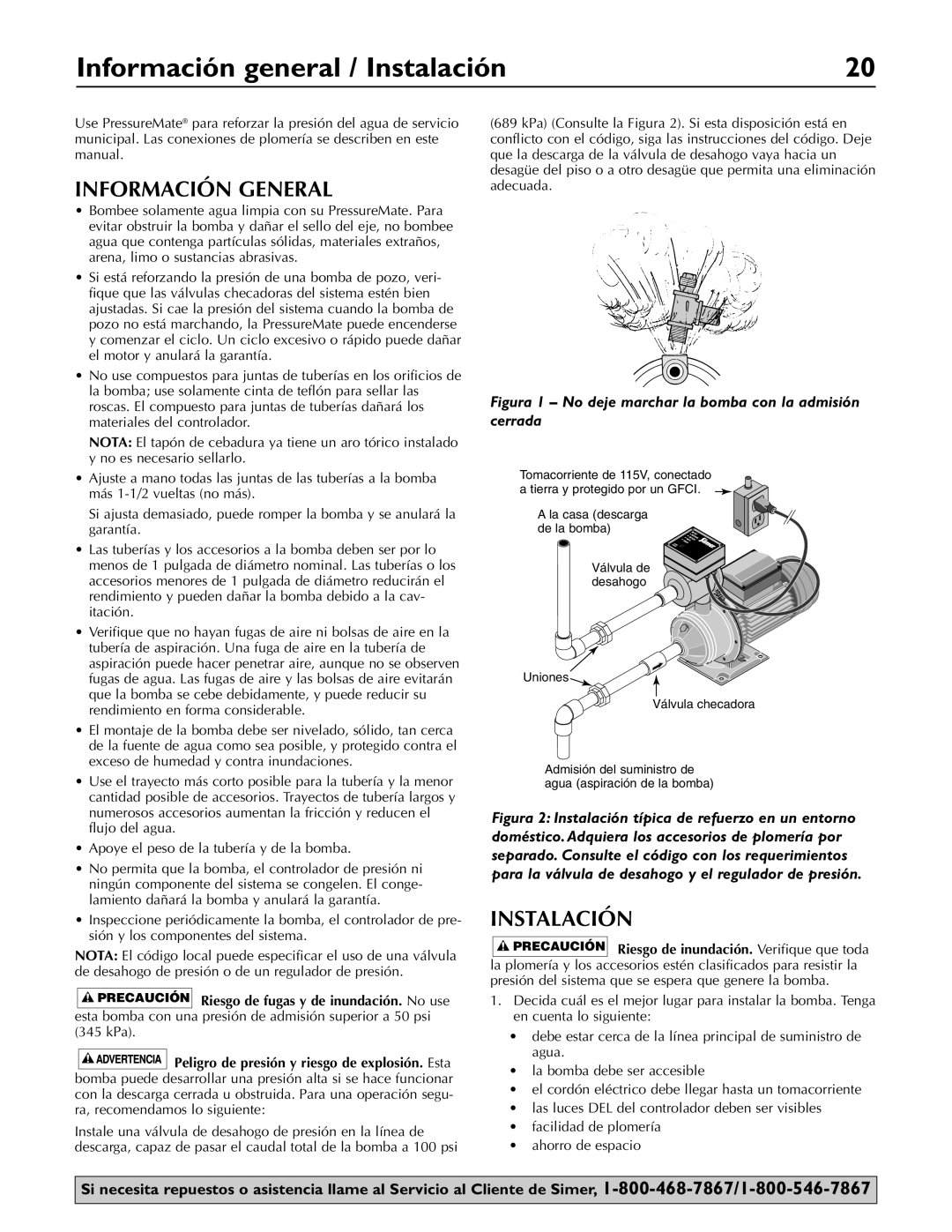 Simer Pumps 3075SS owner manual Información general / Instalación, Información General 