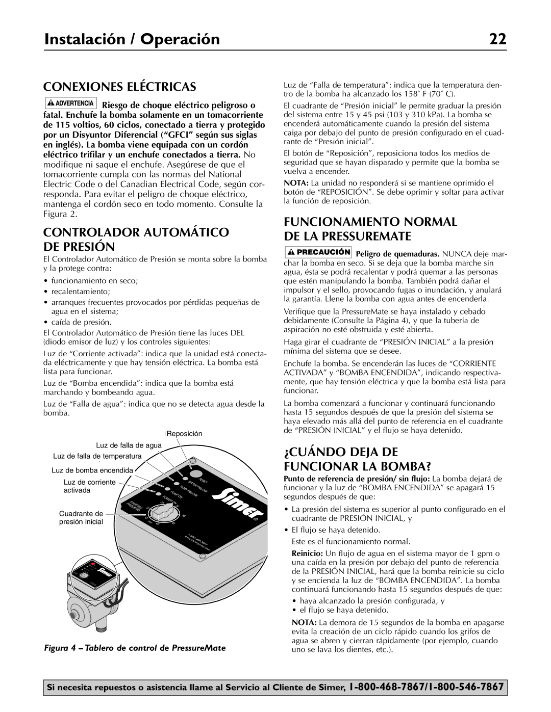 Simer Pumps 3075SS owner manual Instalación / Operación, Conexiones Eléctricas, Controlador Automático DE Presión 