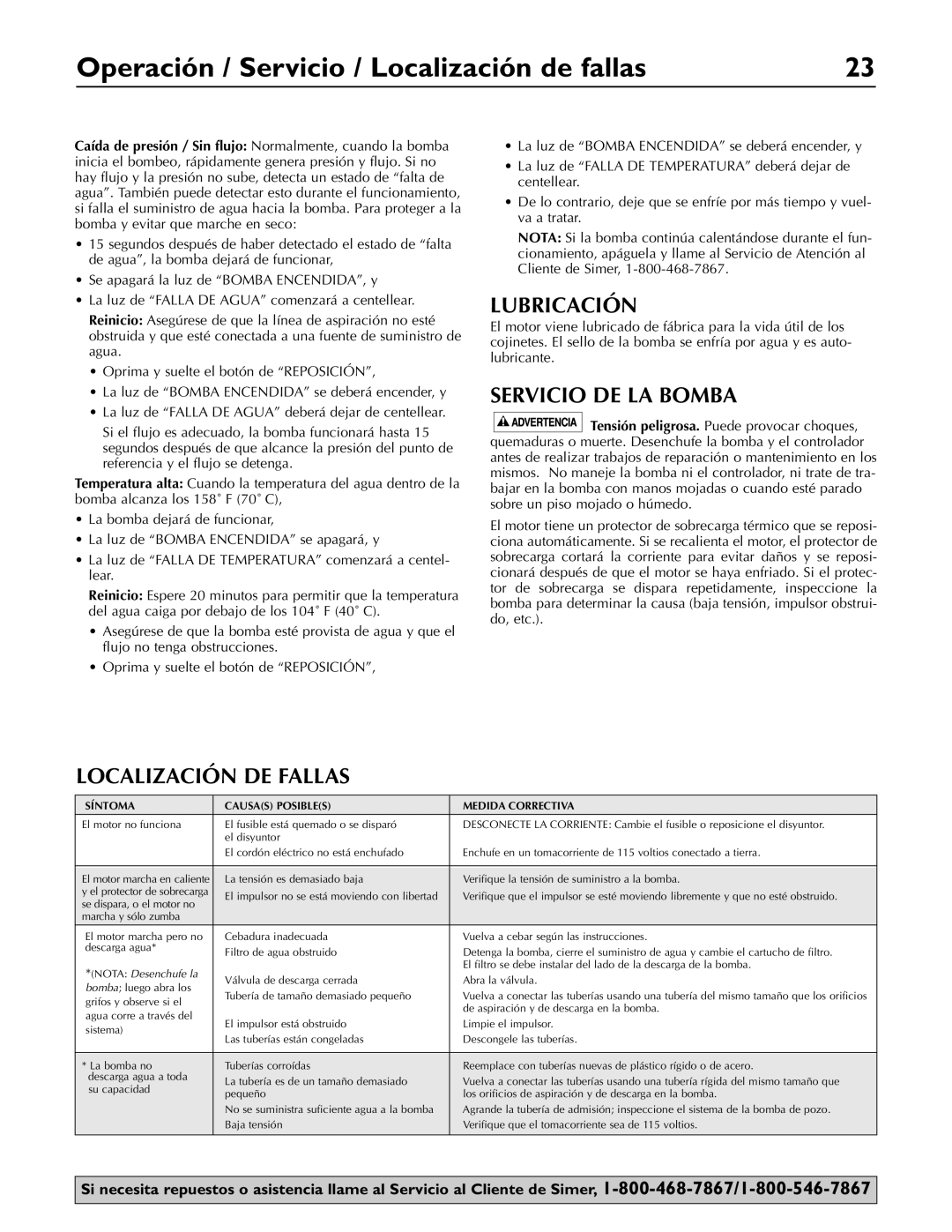 Simer Pumps 3075SS owner manual Operación / Servicio / Localización de fallas, Lubricación, Servicio DE LA Bomba 