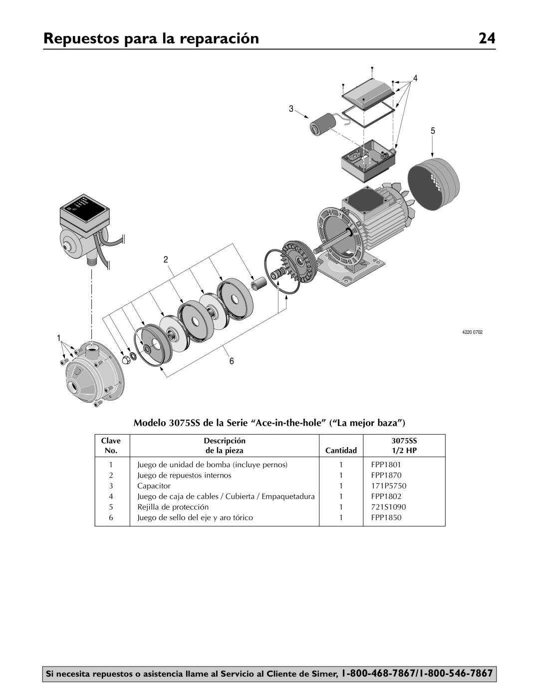 Simer Pumps owner manual Repuestos para la reparación, Modelo 3075SS de la Serie Ace-in-the-hole La mejor baza 