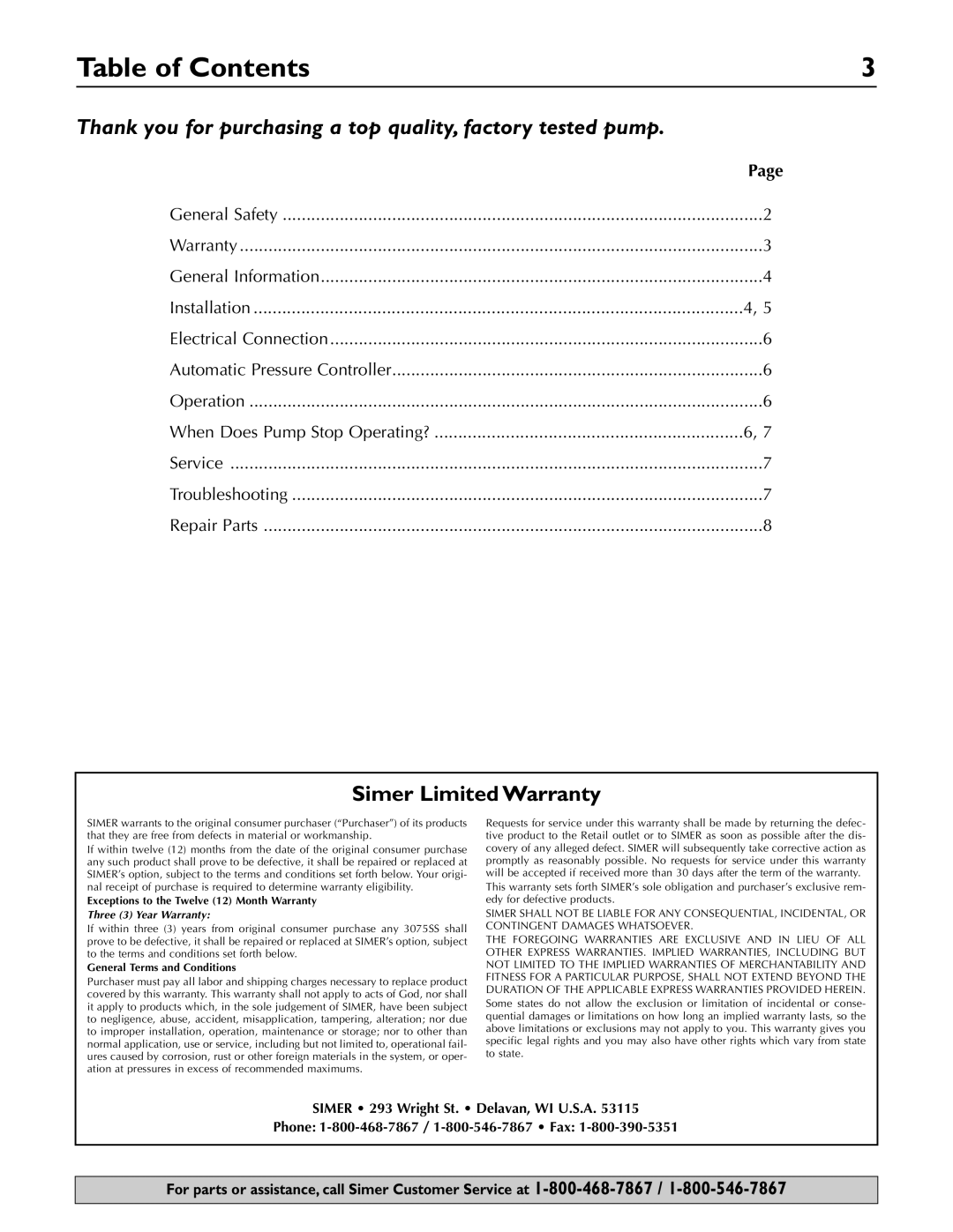 Simer Pumps 3075SS owner manual Table of Contents 