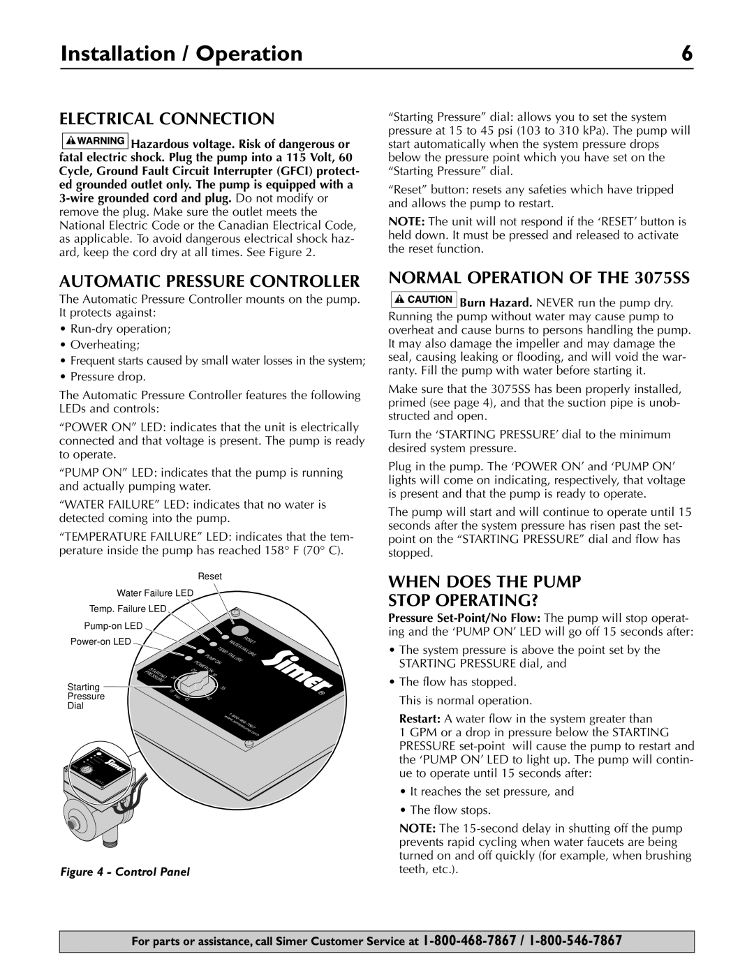 Simer Pumps owner manual Installation / Operation, Electrical Connection, Normal Operation of the 3075SS 