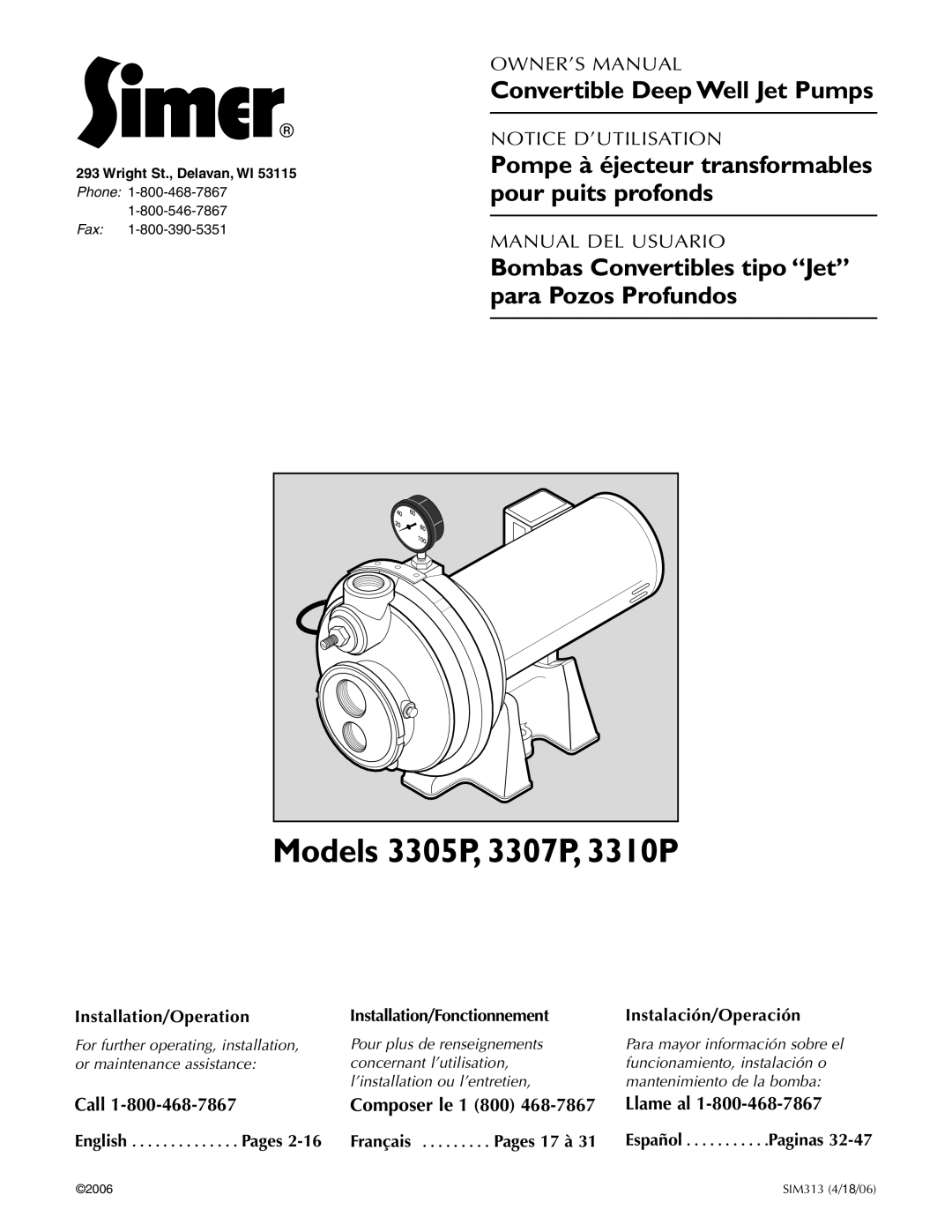 Simer Pumps owner manual Models 3305P, 3307P, 3310P, Composer le 1 800 Llame al 