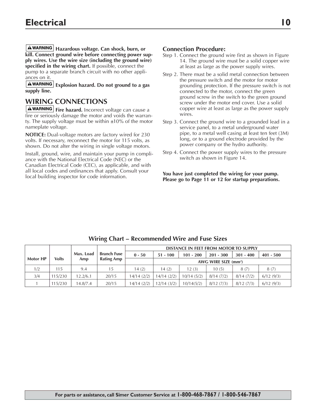 Simer Pumps 3307P, 3310P, 3305P Wiring Connections, Connection Procedure, Wiring Chart Recommended Wire and Fuse Sizes 