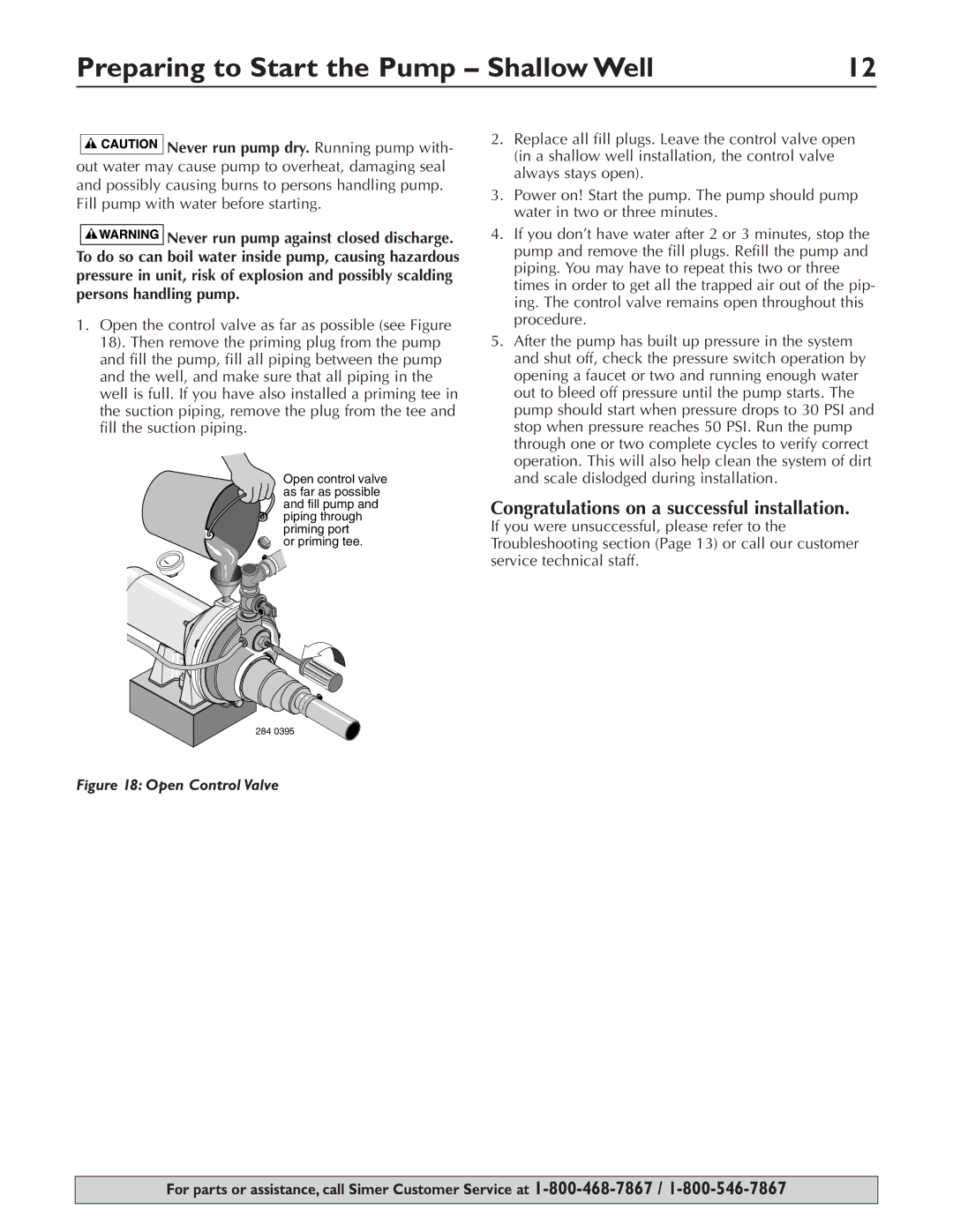 Simer Pumps 3310P, 3307P, 3305P owner manual Preparing to Start the Pump Shallow Well, Open Control Valve 