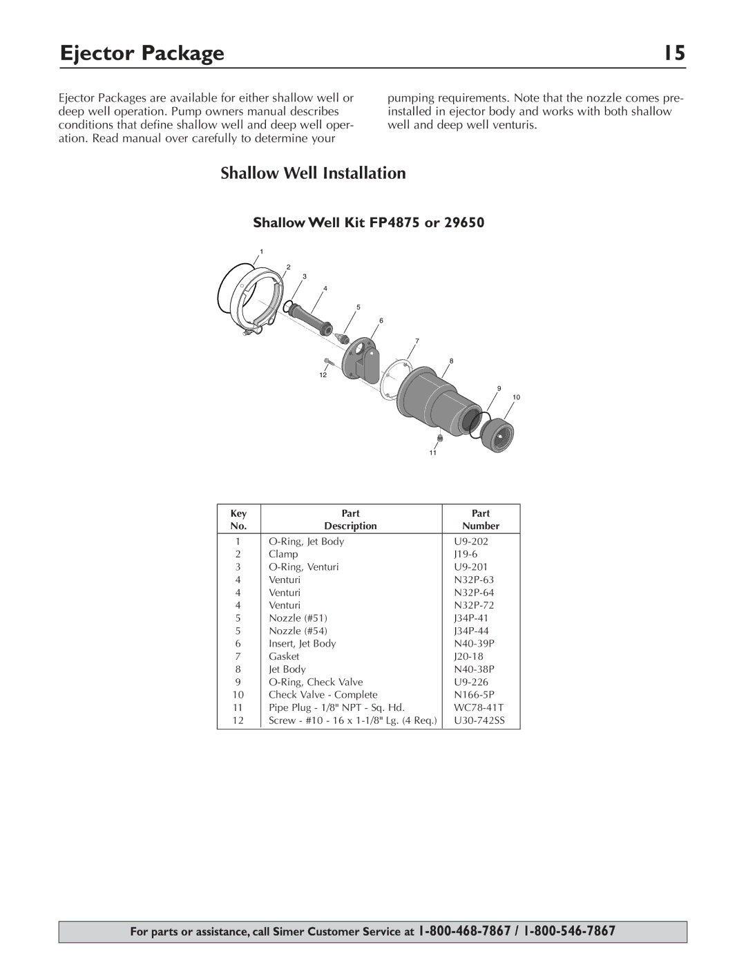 Simer Pumps 3310P Ejector Package, Shallow Well Installation, Shallow Well Kit FP4875 or, Key Part Description Number 