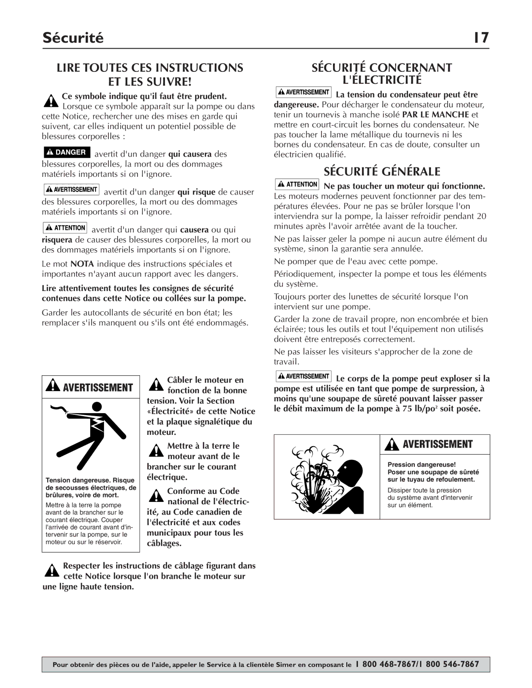 Simer Pumps 3305P Lire Toutes CES Instructions ET LES Suivre, Sécurité Concernant Lélectricité, Sécurité Générale 