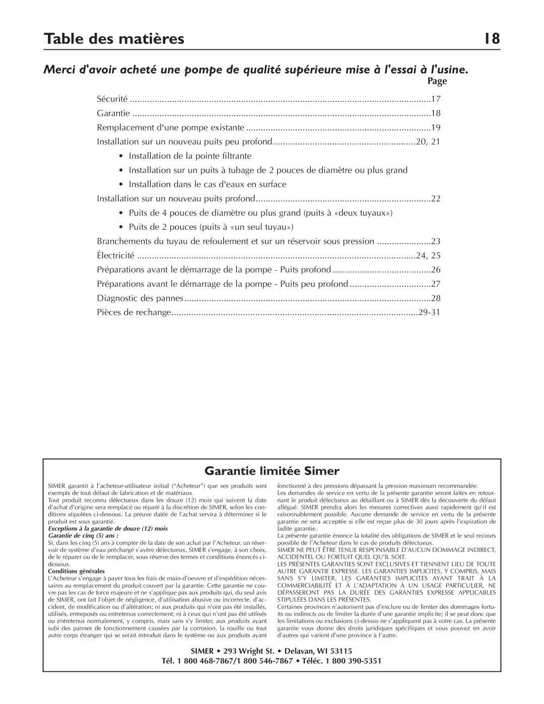 Simer Pumps 3310P, 3307P, 3305P owner manual Table des matières, Garantie limitée Simer 