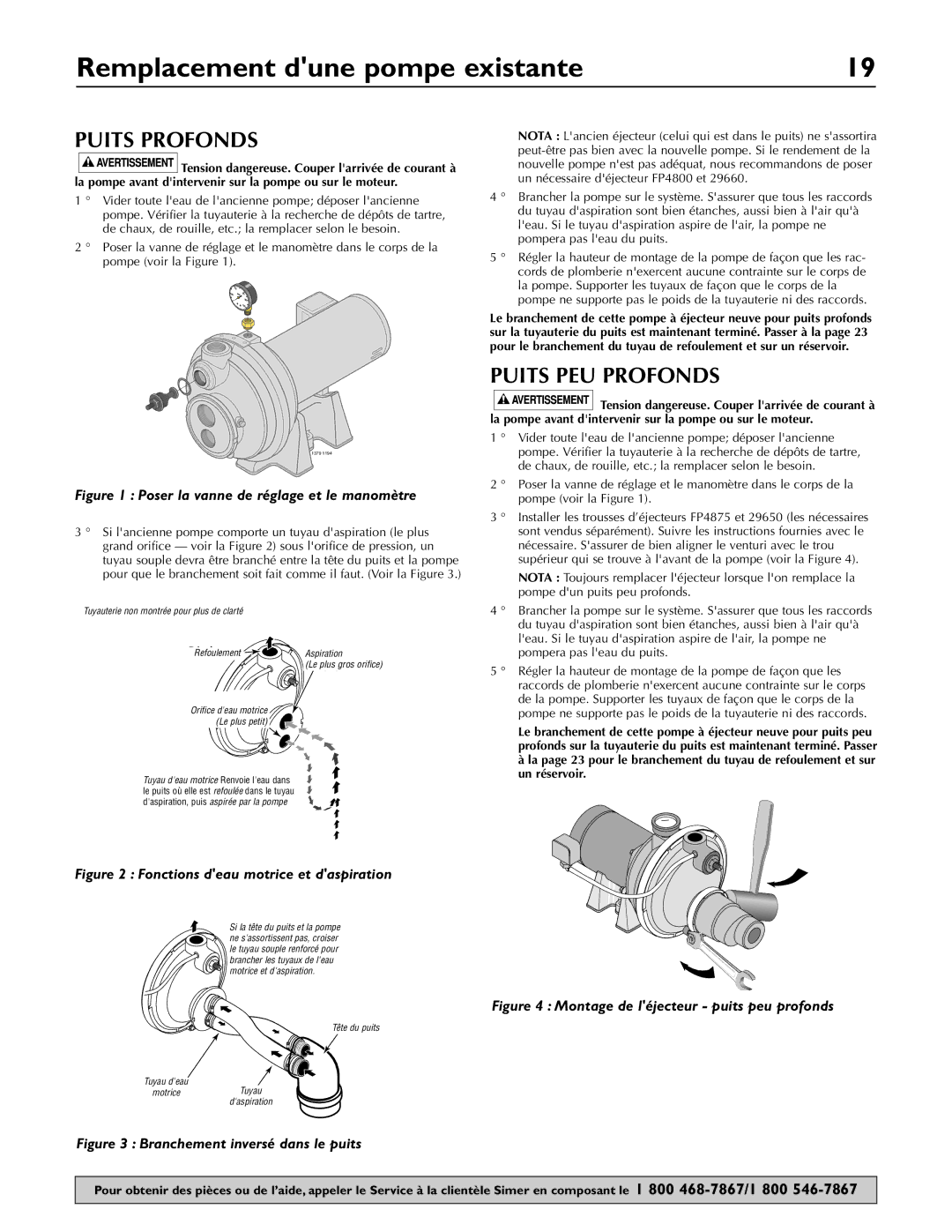 Simer Pumps 3307P, 3310P, 3305P owner manual Remplacement dune pompe existante, Puits Profonds, Puits PEU Profonds 