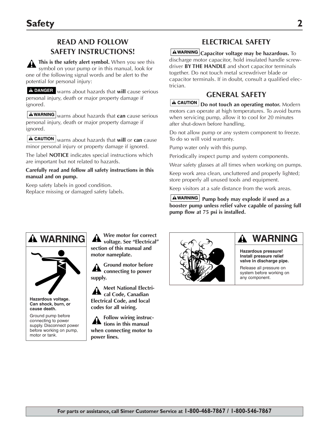 Simer Pumps 3305P, 3310P, 3307P owner manual Read and Follow Safety Instructions, Electrical Safety, General Safety 