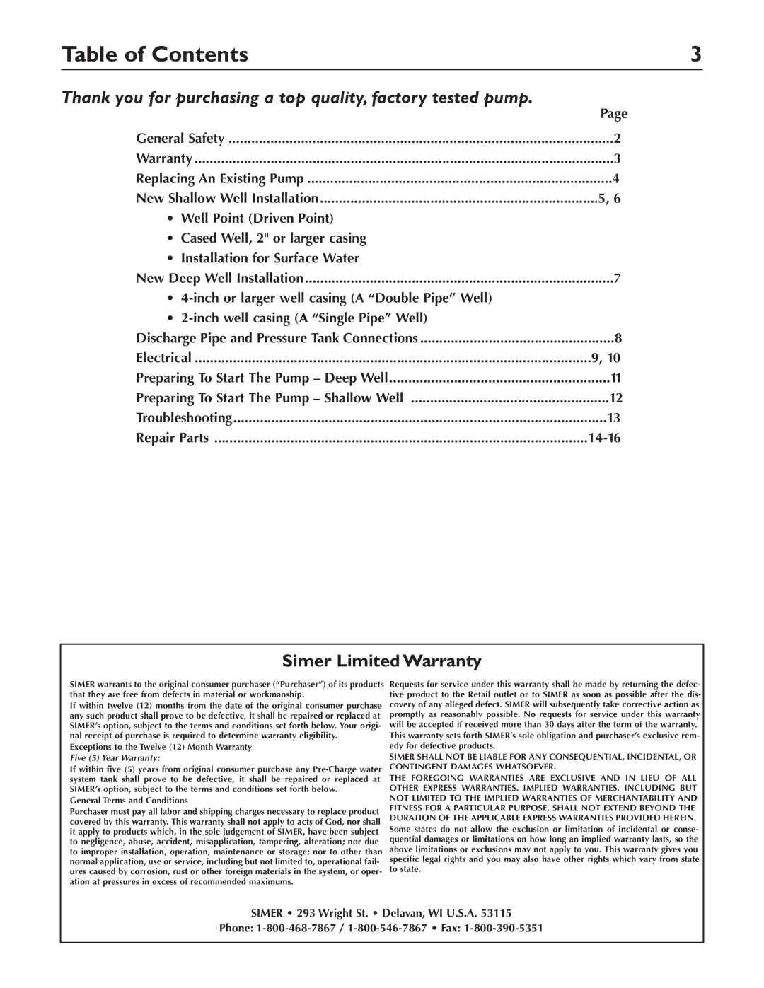 Simer Pumps 3310P, 3307P, 3305P owner manual Table of Contents 