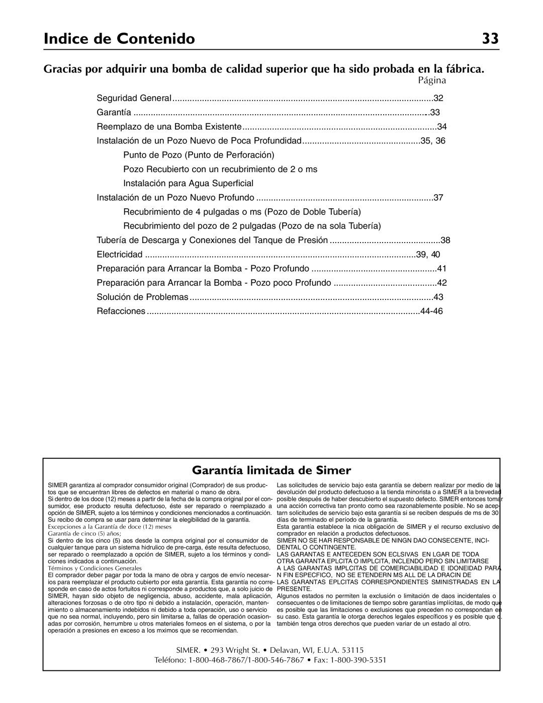 Simer Pumps 3310P, 3307P, 3305P owner manual Indice de Contenido, Garantía limitada de Simer 