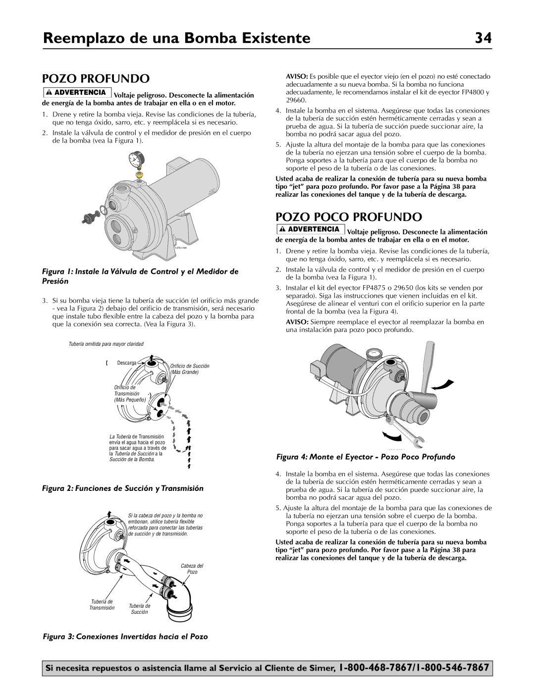 Simer Pumps 3307P, 3310P, 3305P owner manual Reemplazo de una Bomba Existente, Pozo Profundo, Pozo Poco Profundo 