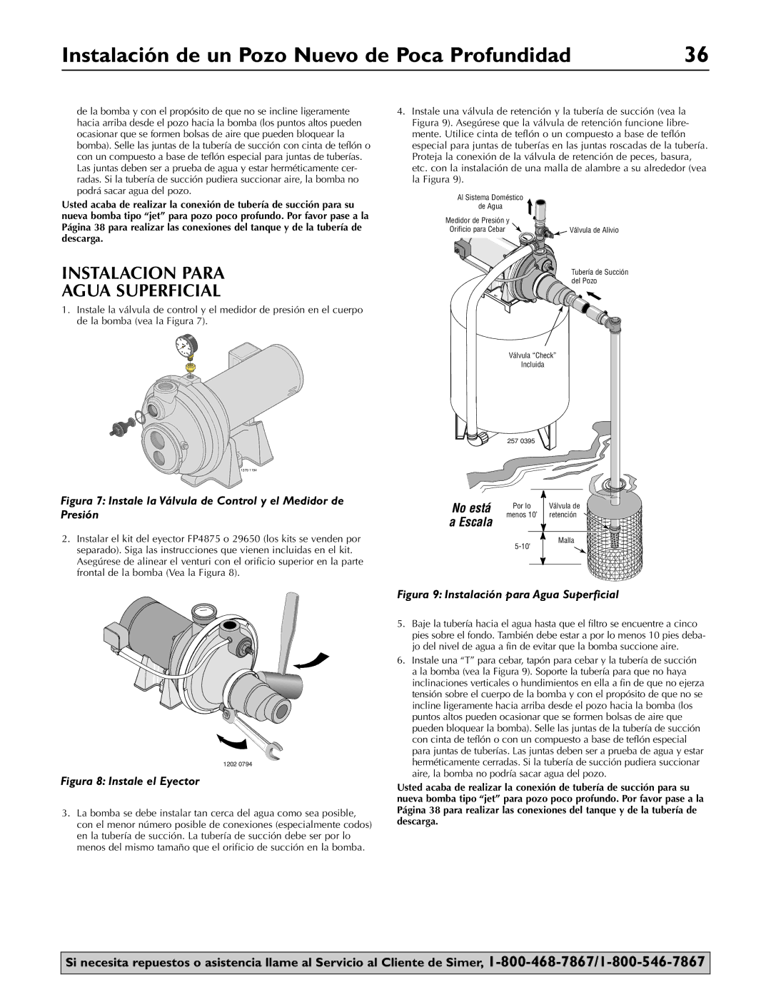 Simer Pumps 3310P, 3307P, 3305P owner manual Instalacion Para Agua Superficial, Figura 8 Instale el Eyector 