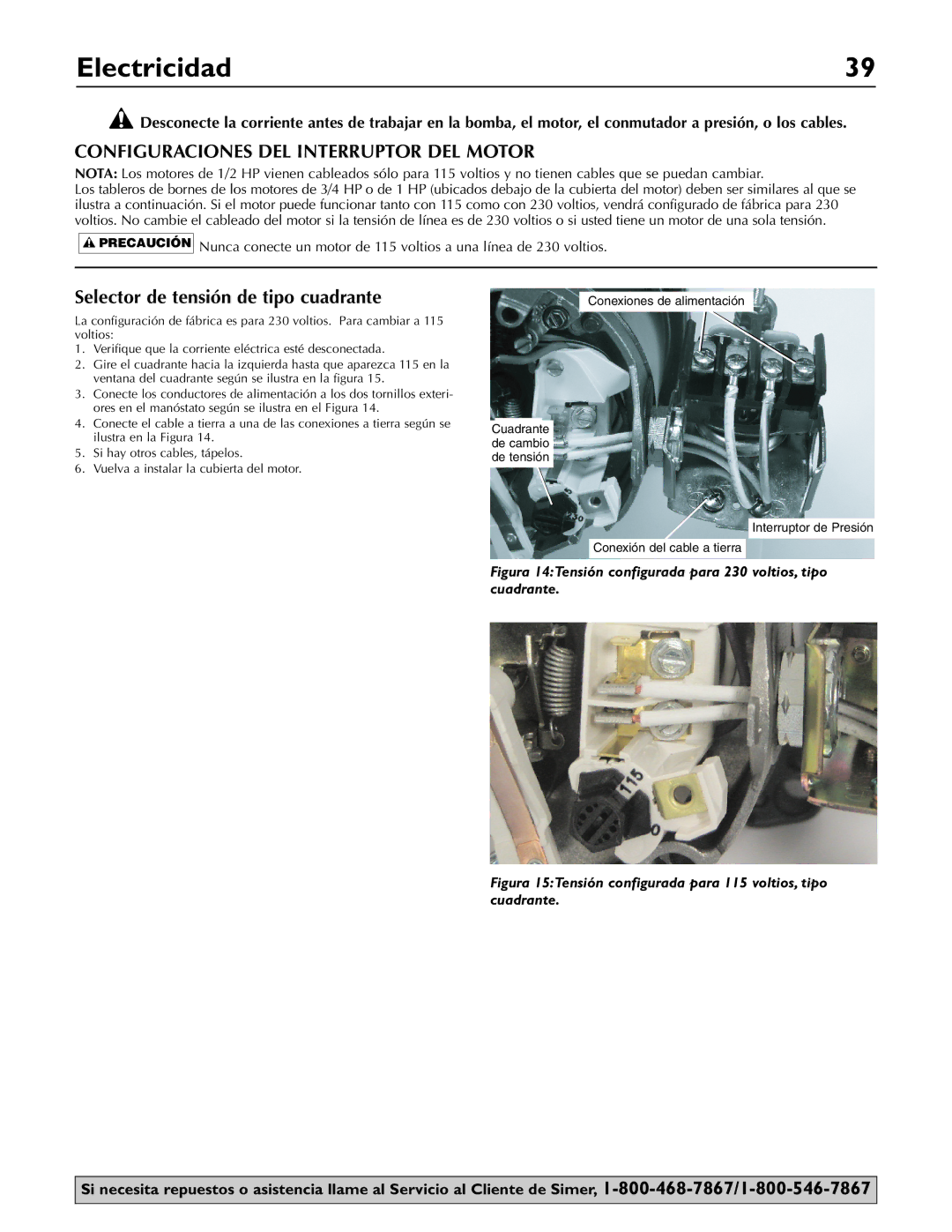 Simer Pumps 3310P, 3307P, 3305P owner manual Electricidad, Selector de tensión de tipo cuadrante 