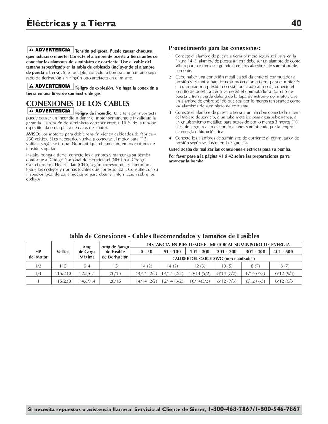 Simer Pumps 3307P, 3310P, 3305P owner manual Éléctricas y a Tierra, Conexiones DE LOS Cables 