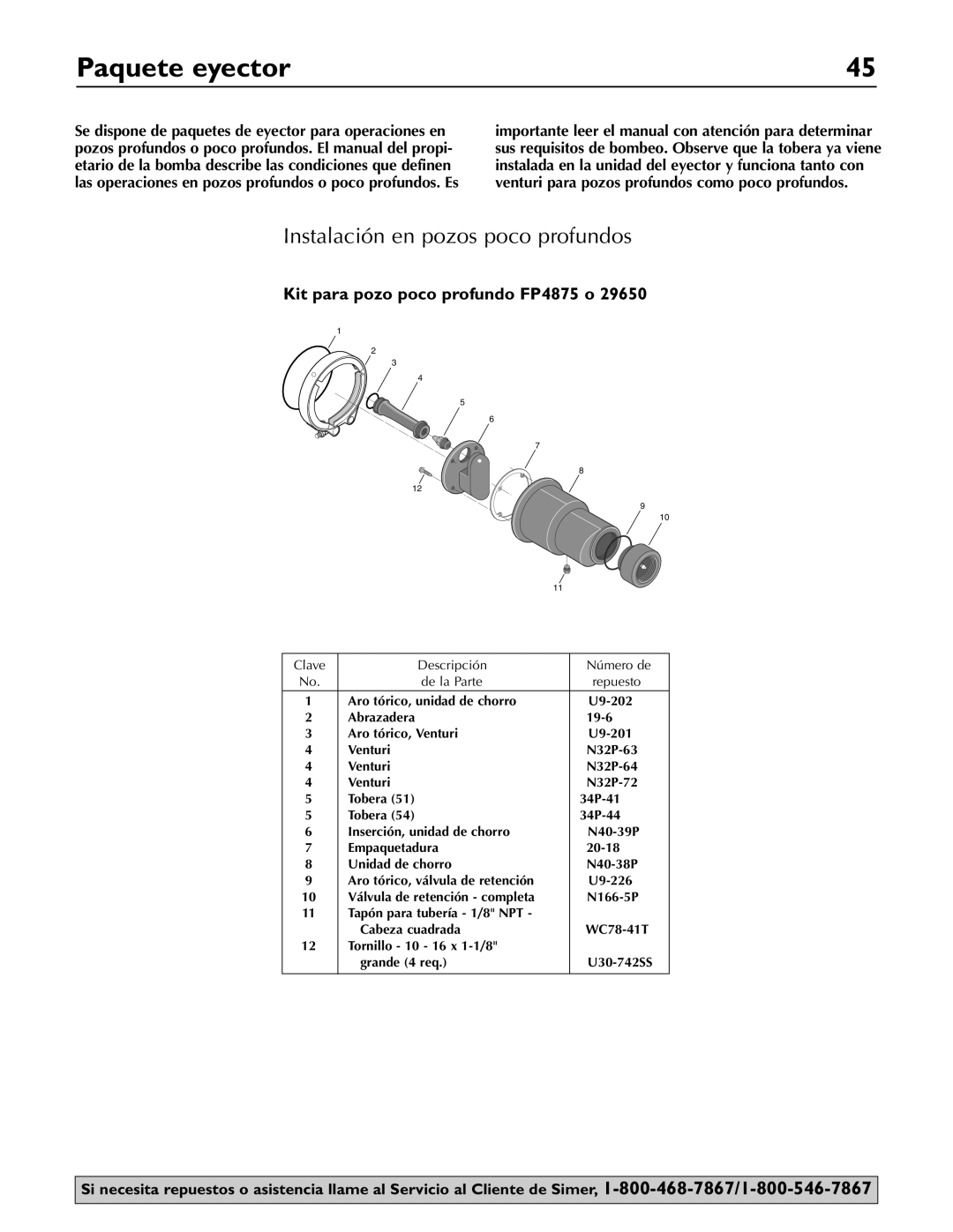 Simer Pumps 3310P, 3307P Paquete eyector, Instalación en pozos poco profundos, Descripción Número de De la Parte Repuesto 