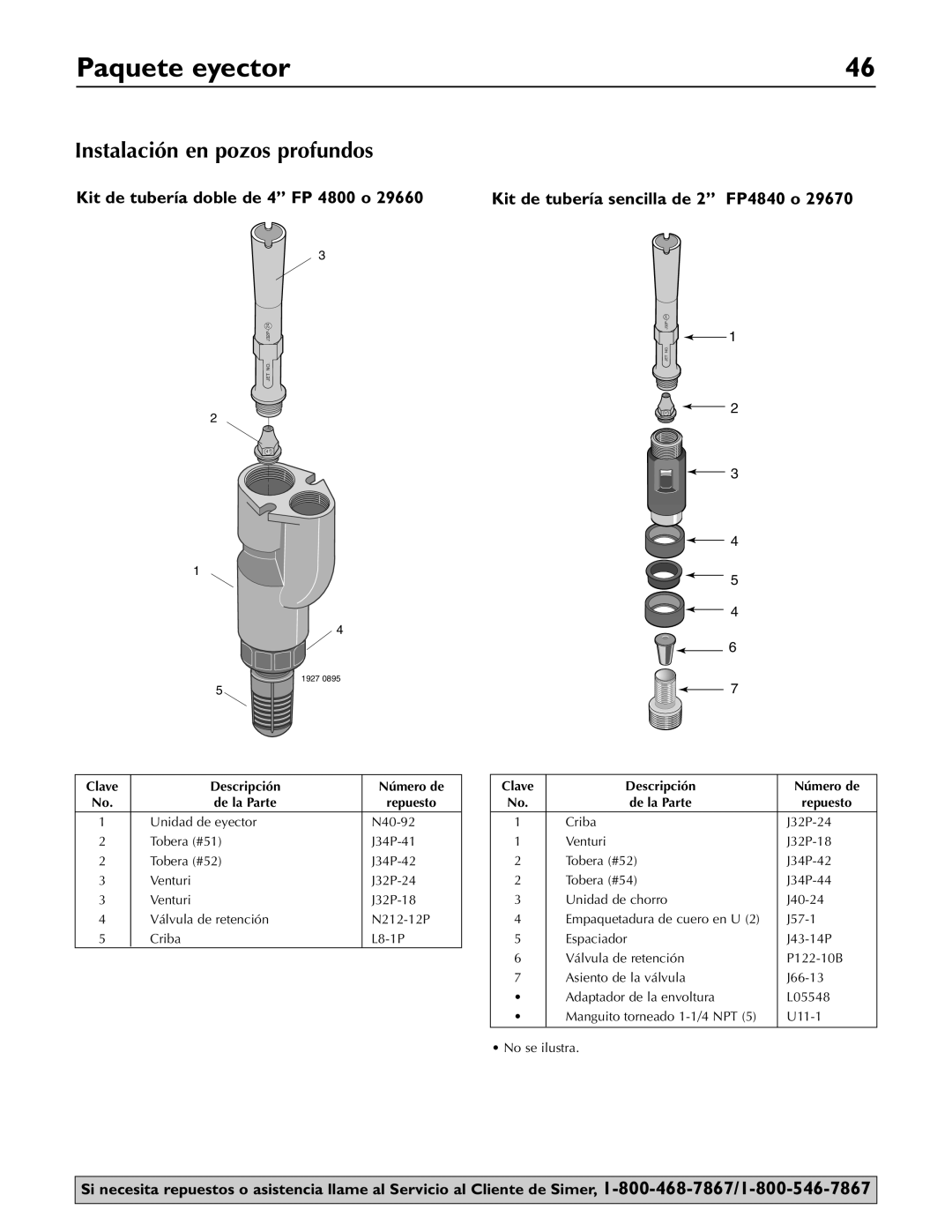 Simer Pumps 3307P, 3310P, 3305P owner manual Instalación en pozos profundos, Clave Descripción Número de De la Parte Repuesto 