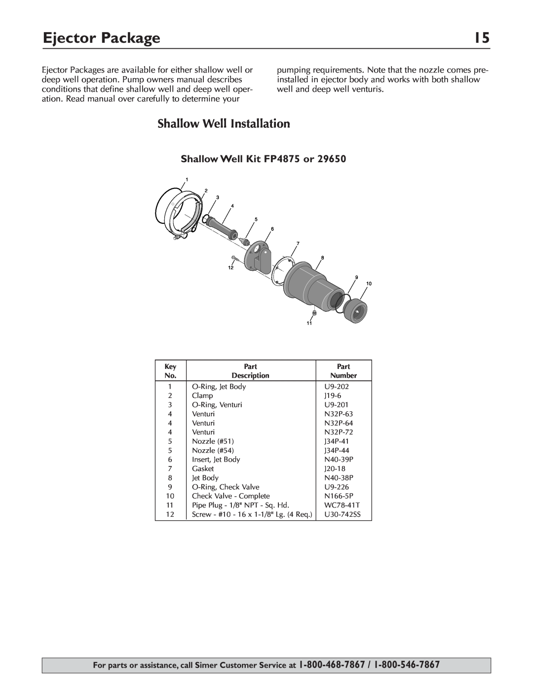 Simer Pumps 3310P, 3307P, 3305P owner manual Ejector Package, Shallow Well Installation, Shallow Well Kit FP4875 or 