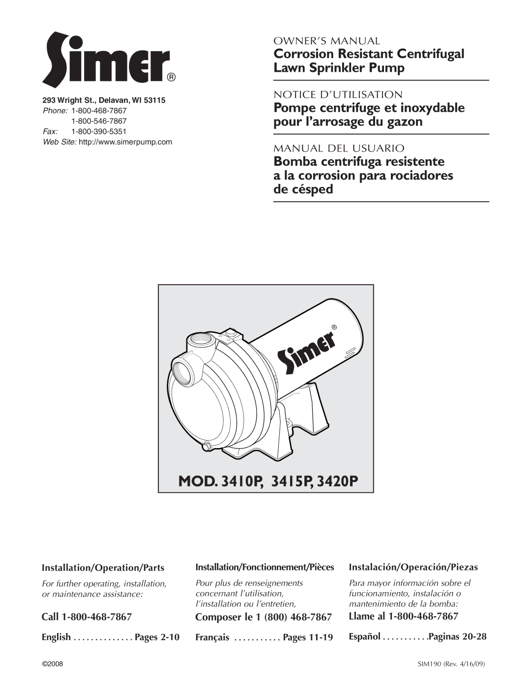 Simer Pumps 3415P, 3410P, 3420P owner manual Composer le 1 800 Llame al, English Pages 2-10 Français, Español 