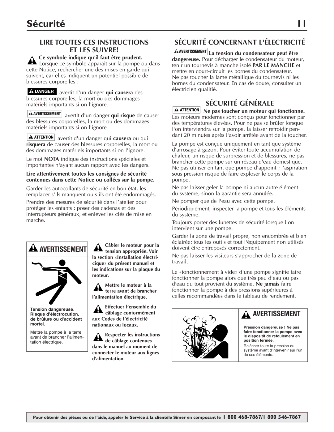 Simer Pumps 3420P, 3410P, 3415P owner manual Sécurité, ’alimentation électrique 