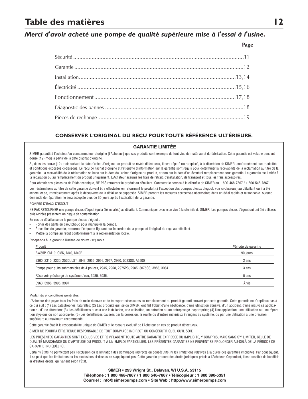 Simer Pumps 3410P, 3415P, 3420P owner manual Table des matières, Installation 13,14 Électricité 15,16 Fonctionnement 17,18 