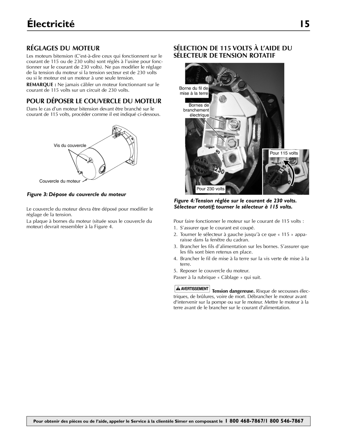 Simer Pumps 3410P, 3415P, 3420P owner manual Électricité, Réglages DU Moteur 