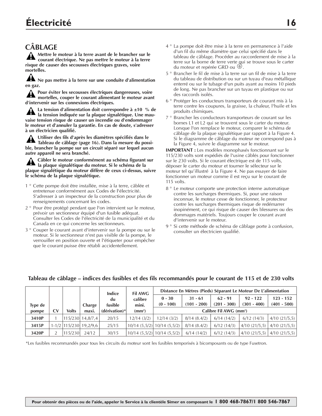 Simer Pumps 3415P, 3410P, 3420P owner manual Câblage 