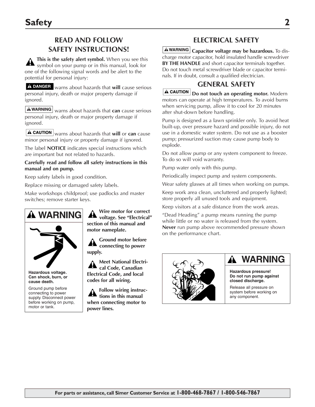 Simer Pumps 3420P, 3410P, 3415P owner manual Read and Follow Safety Instructions, Electrical Safety, General Safety 