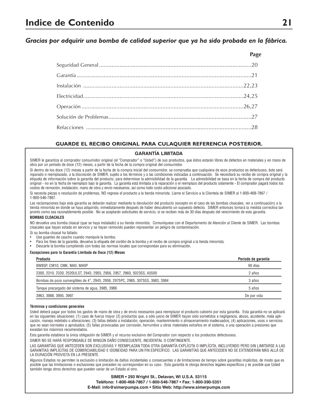 Simer Pumps 3410P, 3415P, 3420P owner manual Indice de Contenido, Instalación 22,23 Electricidad 24,25 Operación 26,27 