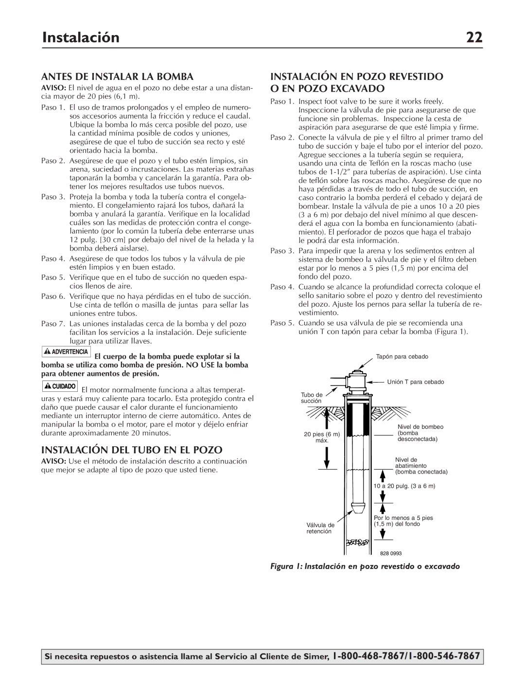 Simer Pumps 3415P, 3410P, 3420P owner manual Antes DE Instalar LA Bomba, Instalación DEL Tubo EN EL Pozo 