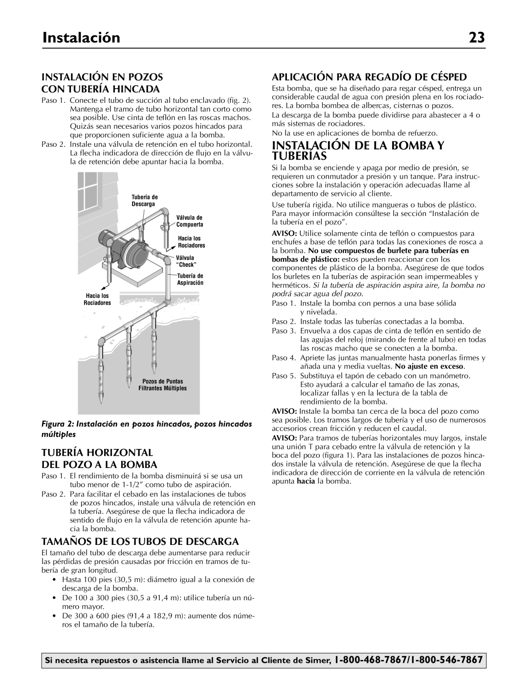 Simer Pumps 3420P, 3410P, 3415P owner manual Instalación DE LA Bomba Y Tuberías, Instalación EN Pozos CON Tubería Hincada 