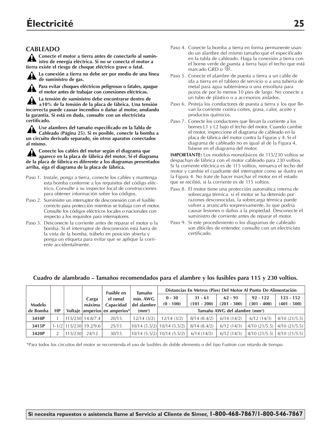 Simer Pumps 3415P, 3410P, 3420P owner manual Cableado, Conecte el motor a tierra antes de conectarlo al sumin 